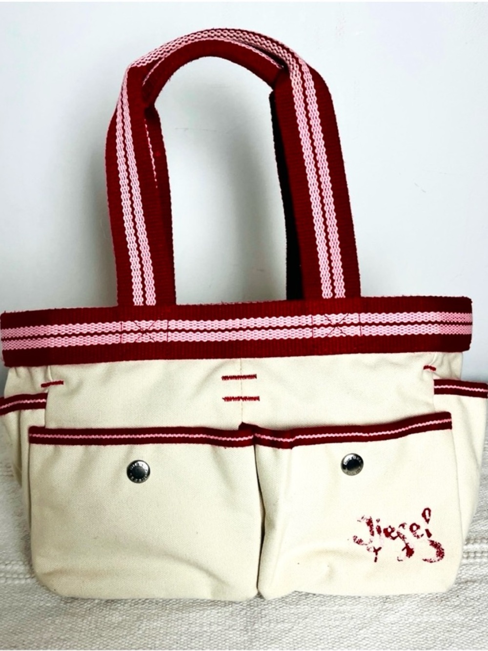 Diesel “Spare Parts” Canvas Utility Tote Bag | Red & Cream